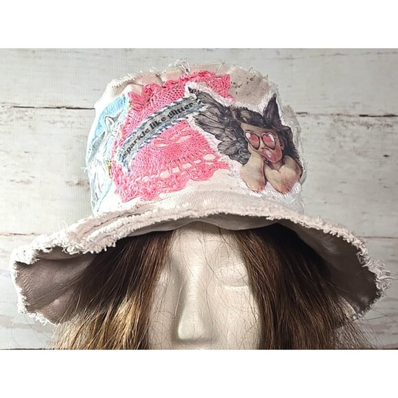 OOAK Upcycled Indie Boho Top Hat Sassy Cherub Graffiti Flower Cat Adjusts L-S main image 6